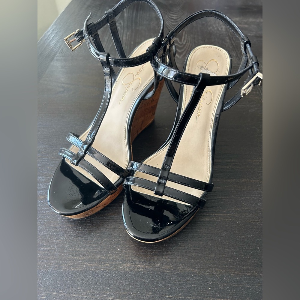 Jessica Simpson Black Patent Leather Wedge Sandals